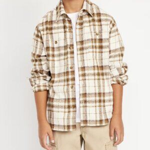 NWT Old Navy Boys Kids Brown & White Flannel Plaid Button Down Long-Sleeve Shirt